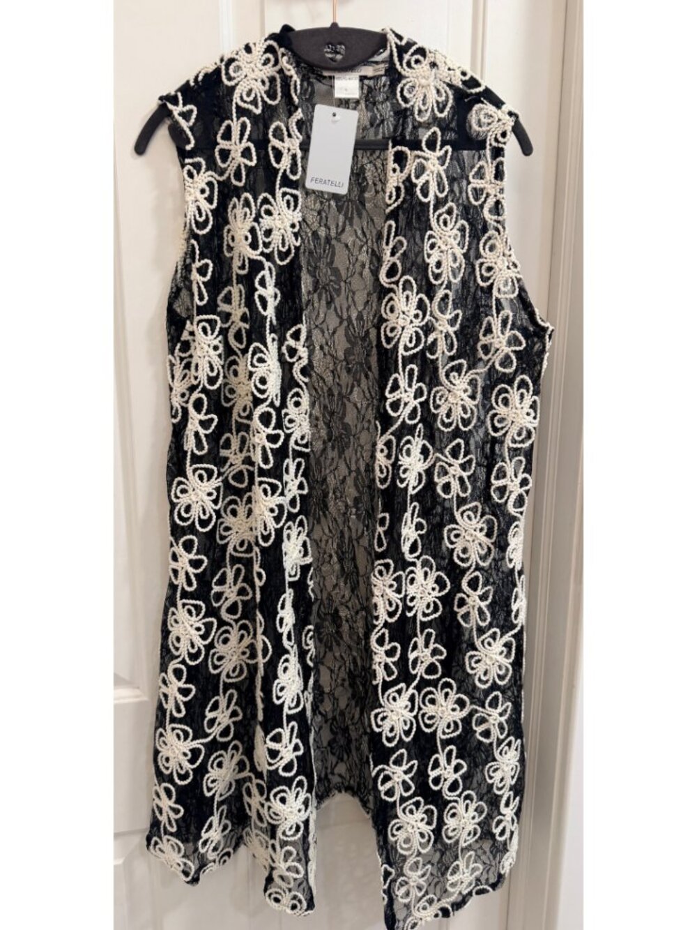 Feratelli Floral Lace Vest L Black White Rope Applique Duster NWT